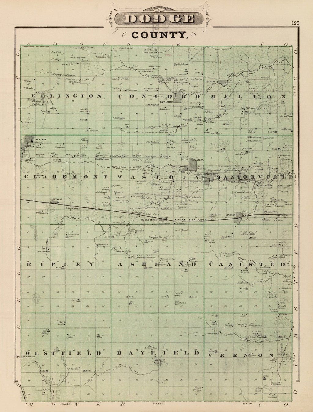 Vintage Map of Dodge County, Minnesota 1874