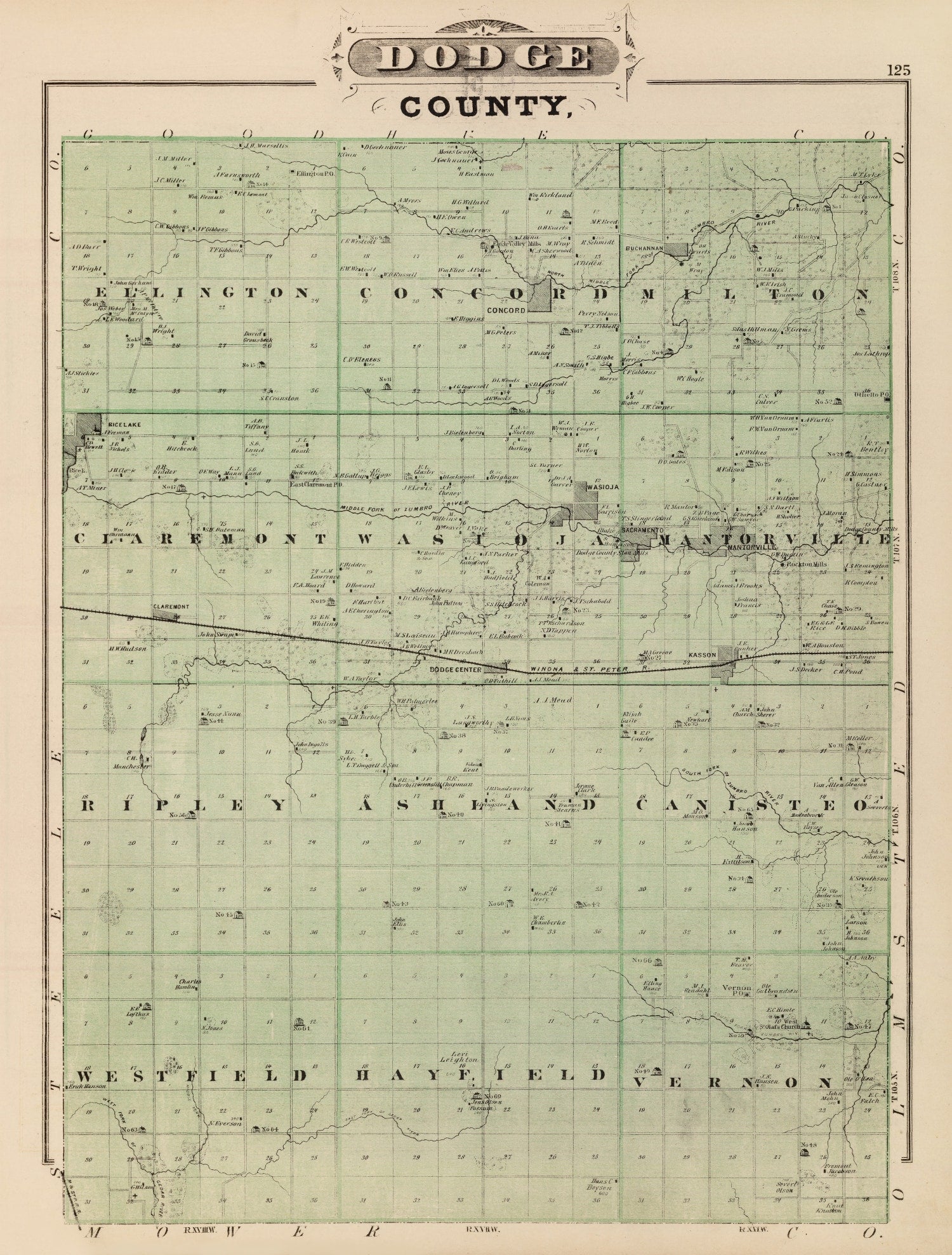 Vintage Map of Dodge County, Minnesota 1874