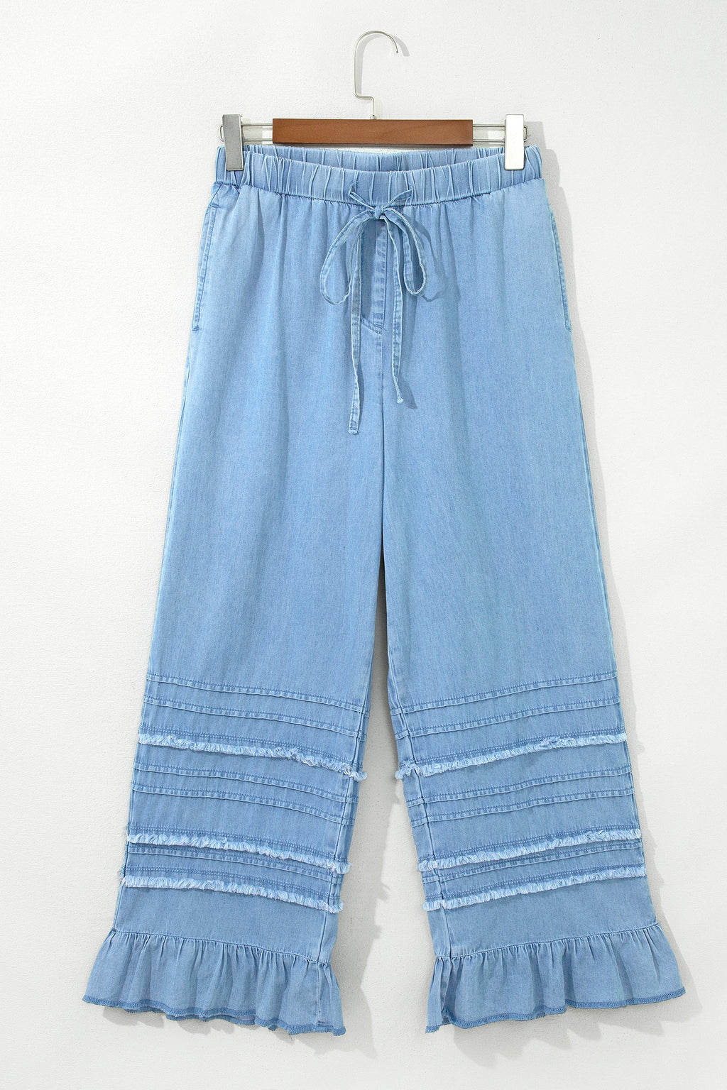 Ruffle Hem High Waist Wide Leg Chambray Pants