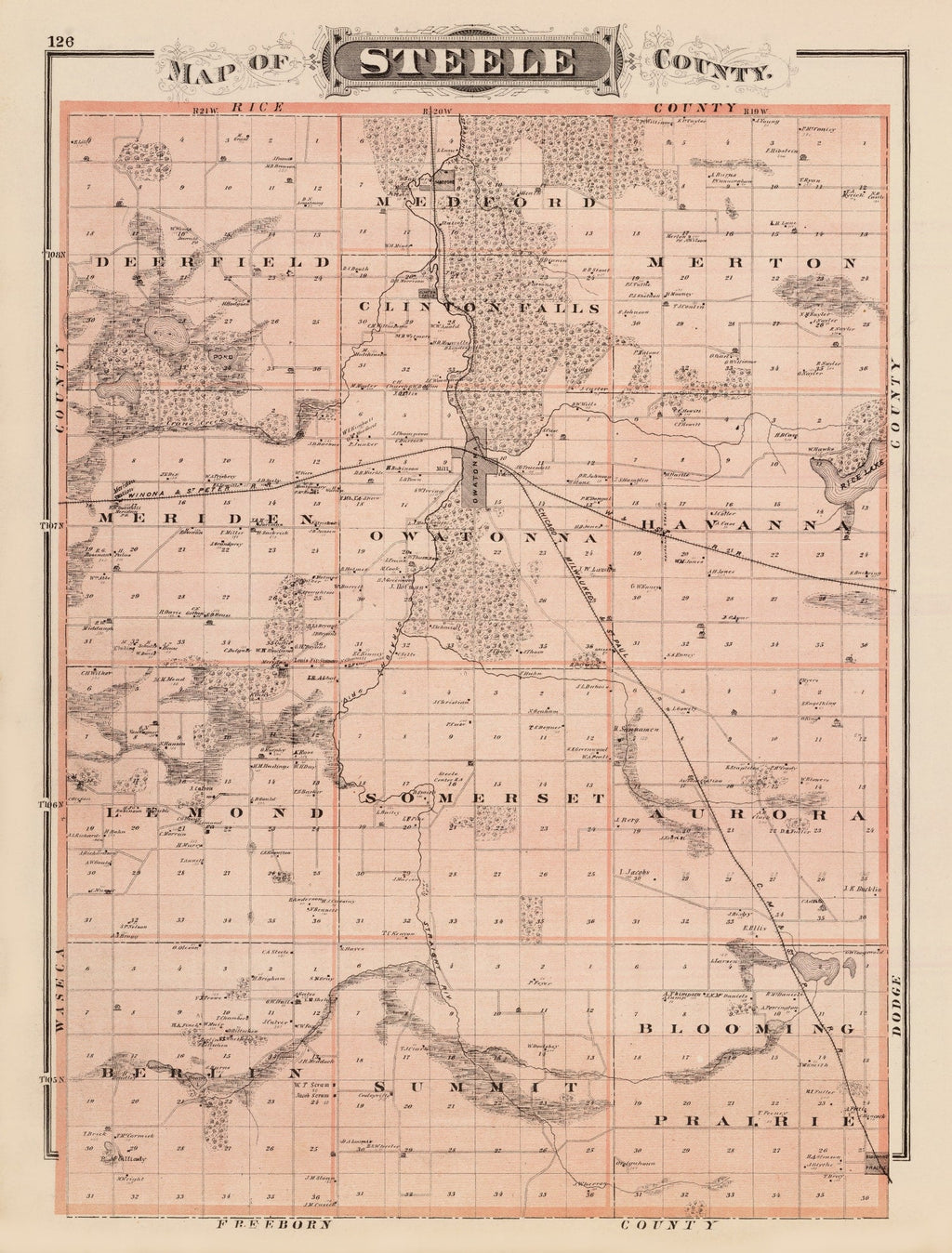 Vintage Map of Steele County, Minnesota 1874