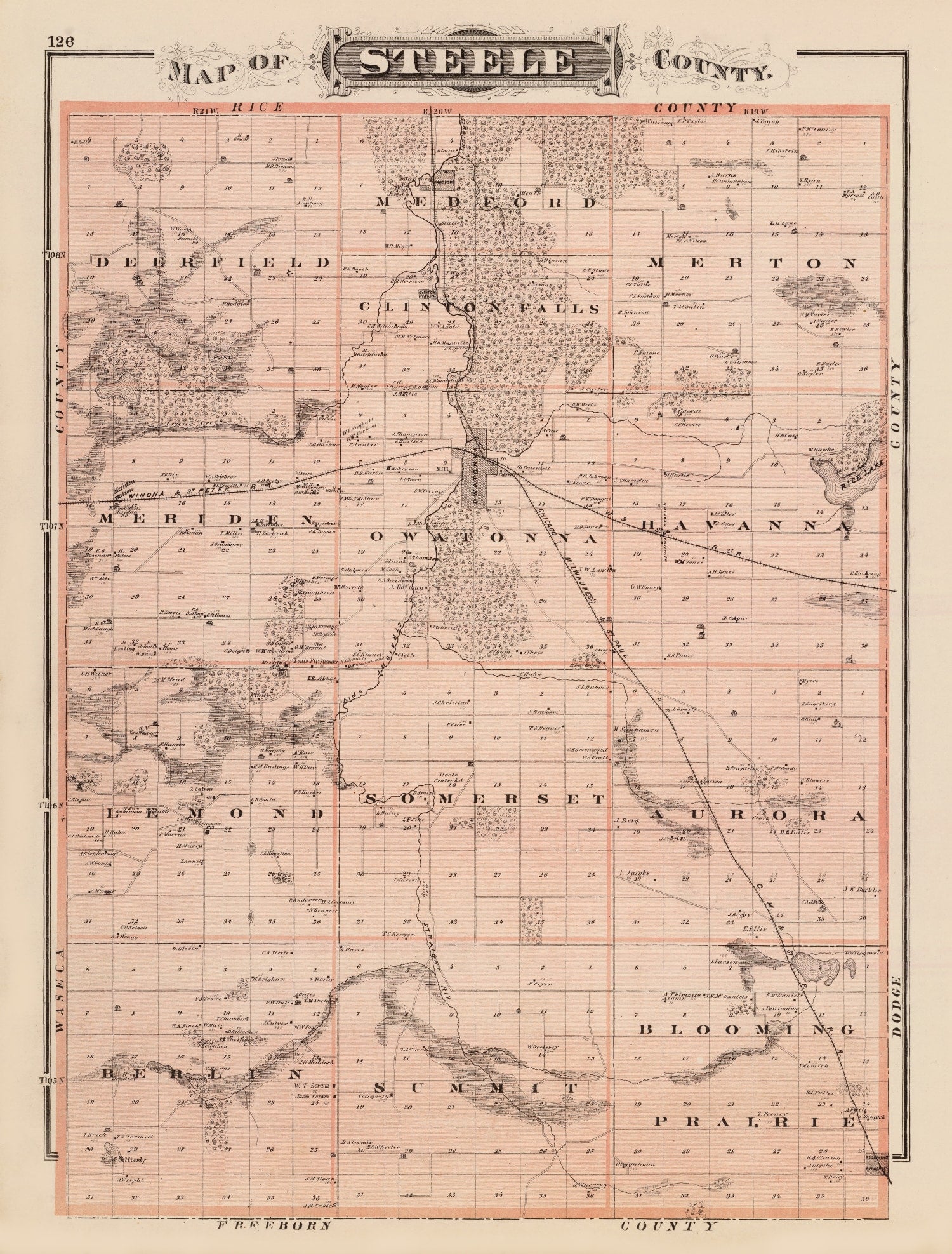 Vintage Map of Steele County, Minnesota 1874