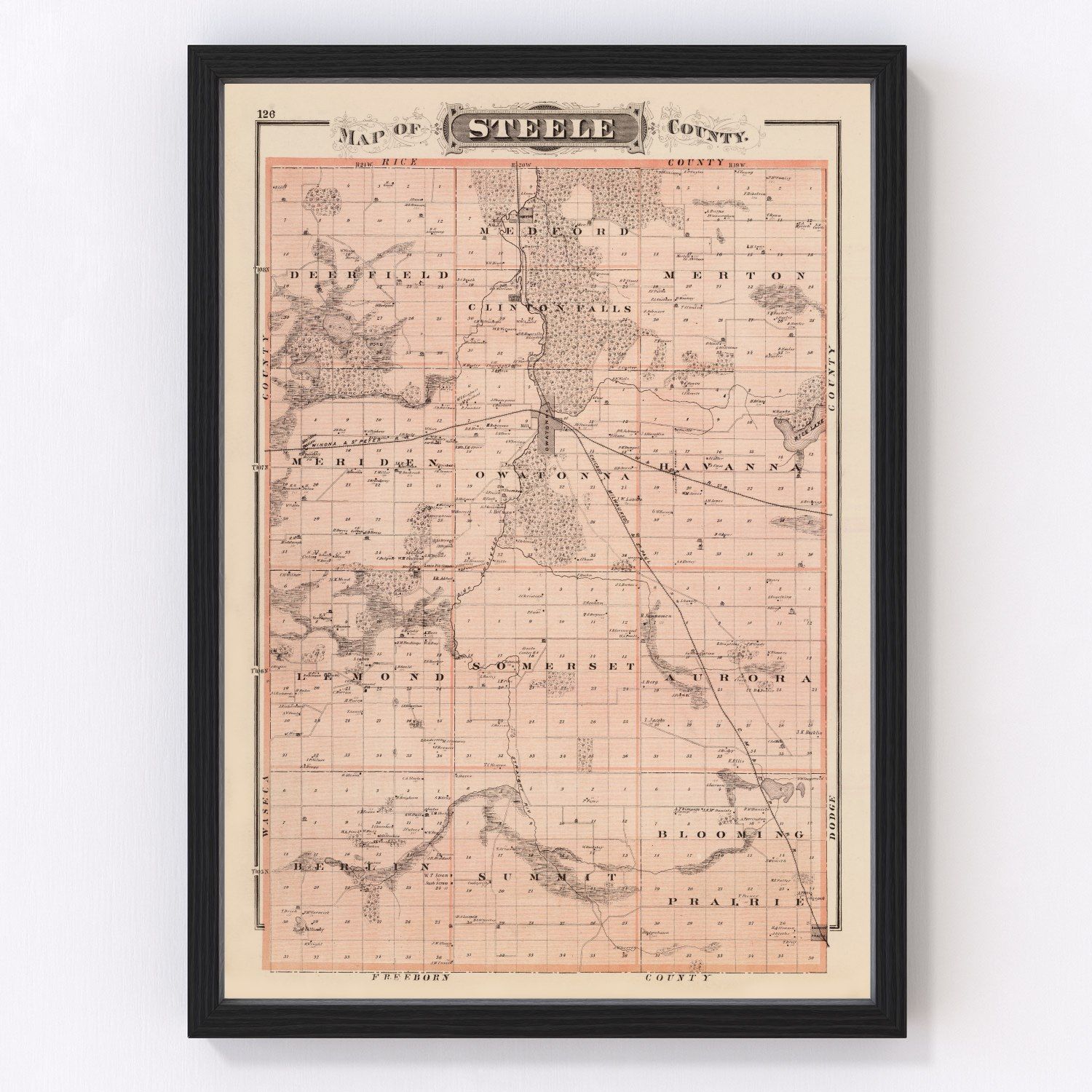 Vintage Map of Steele County, Minnesota 1874