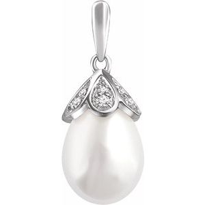 14K White Gold Cultured White Freshwater Pearl & 1/8 CTW Natural Diamond Pendant