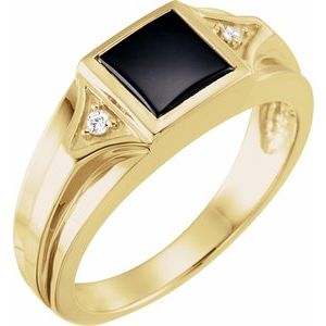 14K Yellow Gold Natural Black Onyx & .04 CTW Natural Diamond Bezel-Set Ring