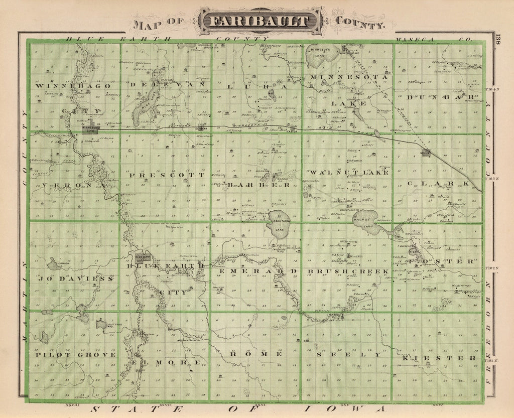 Vintage Map of Faribault County, Minnesota 1874