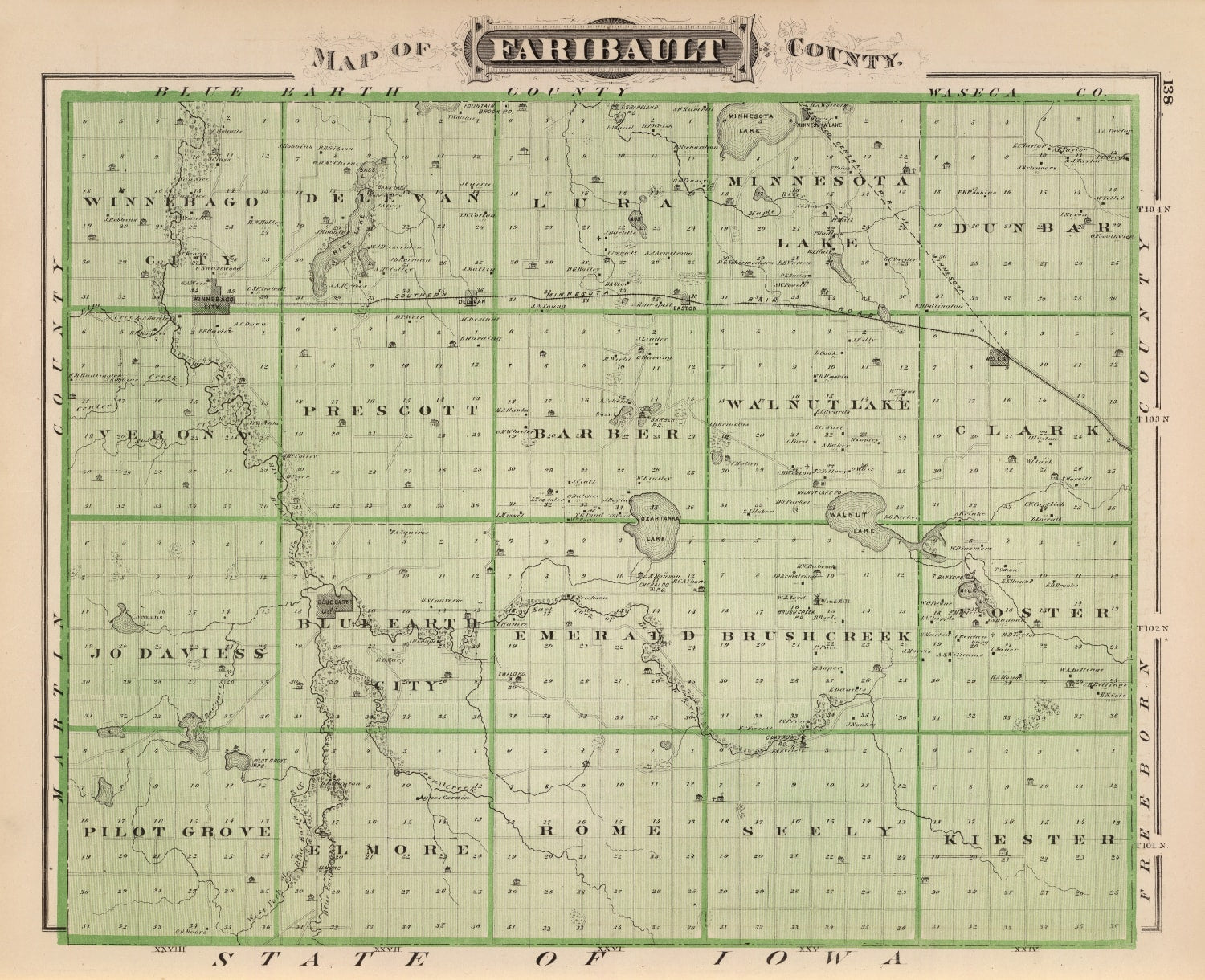 Vintage Map of Faribault County, Minnesota 1874