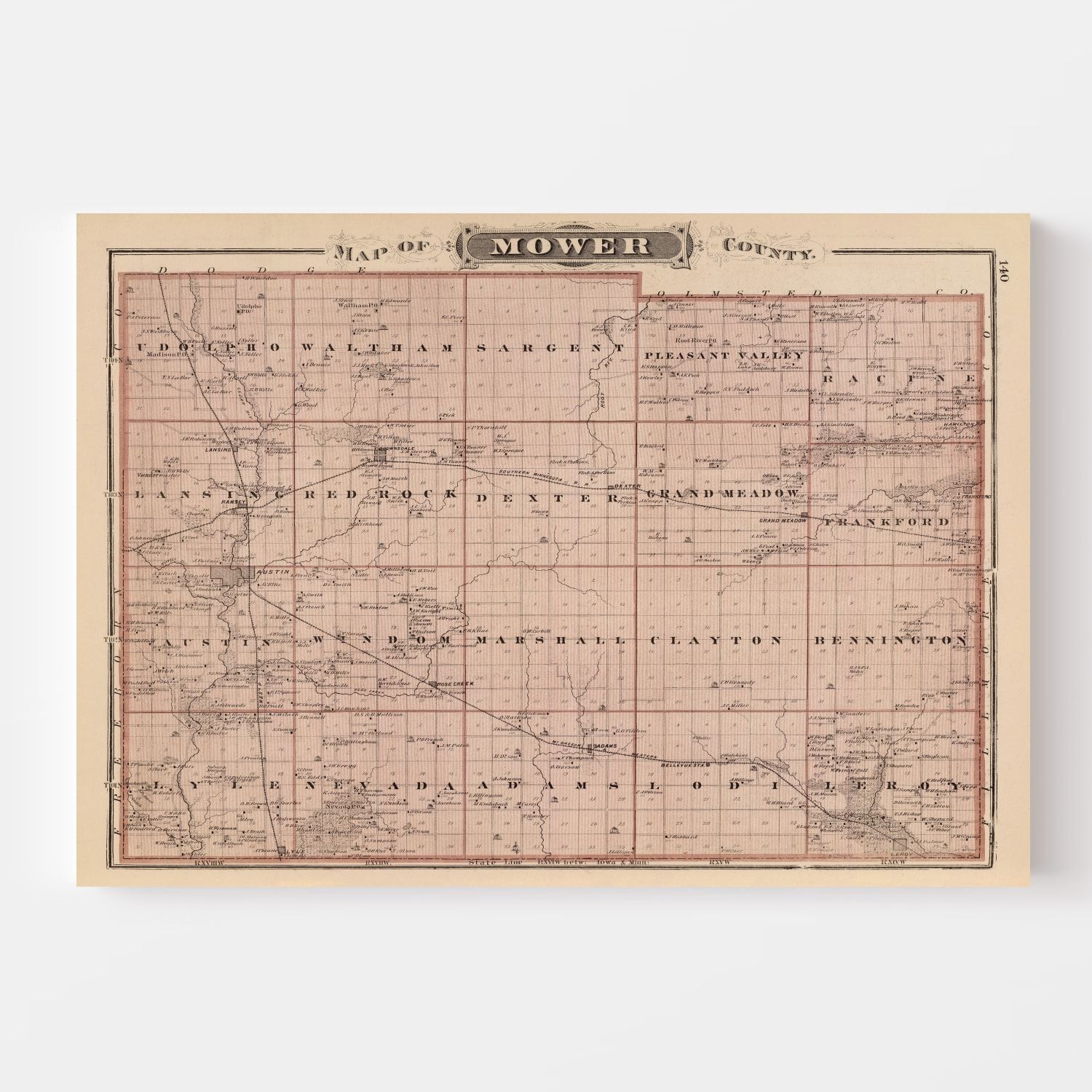 Vintage Map of Mower County, Minnesota 1874