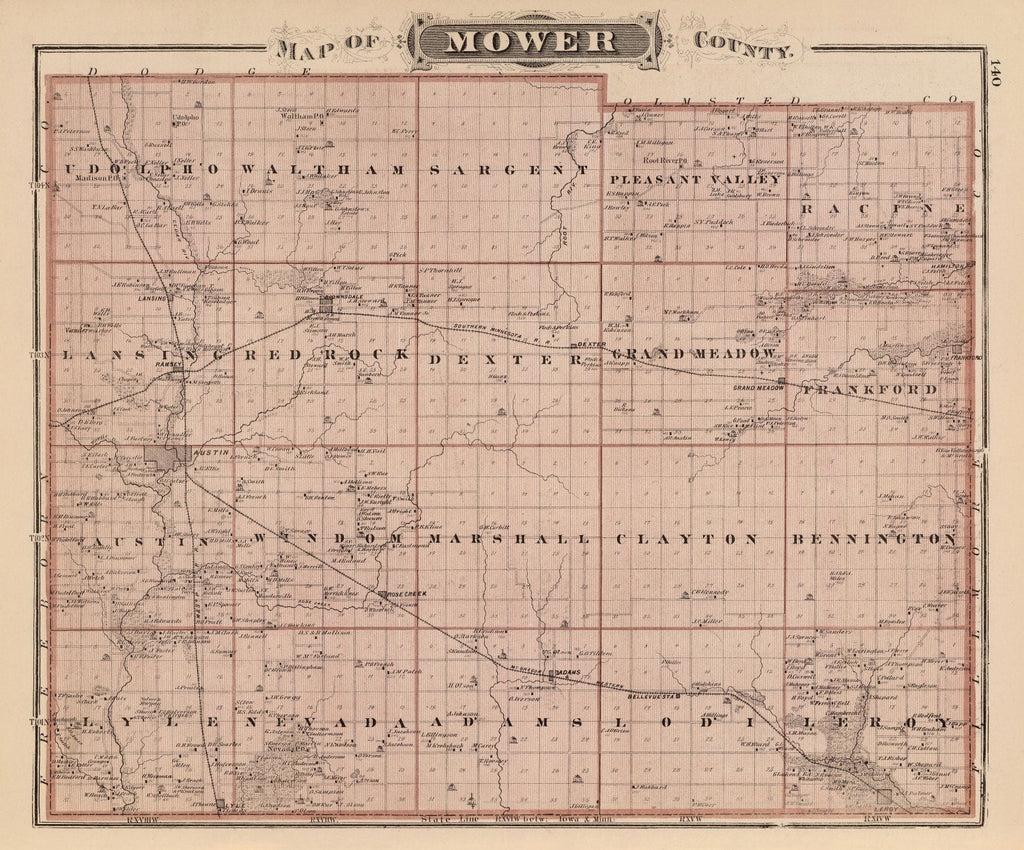 Vintage Map of Mower County, Minnesota 1874