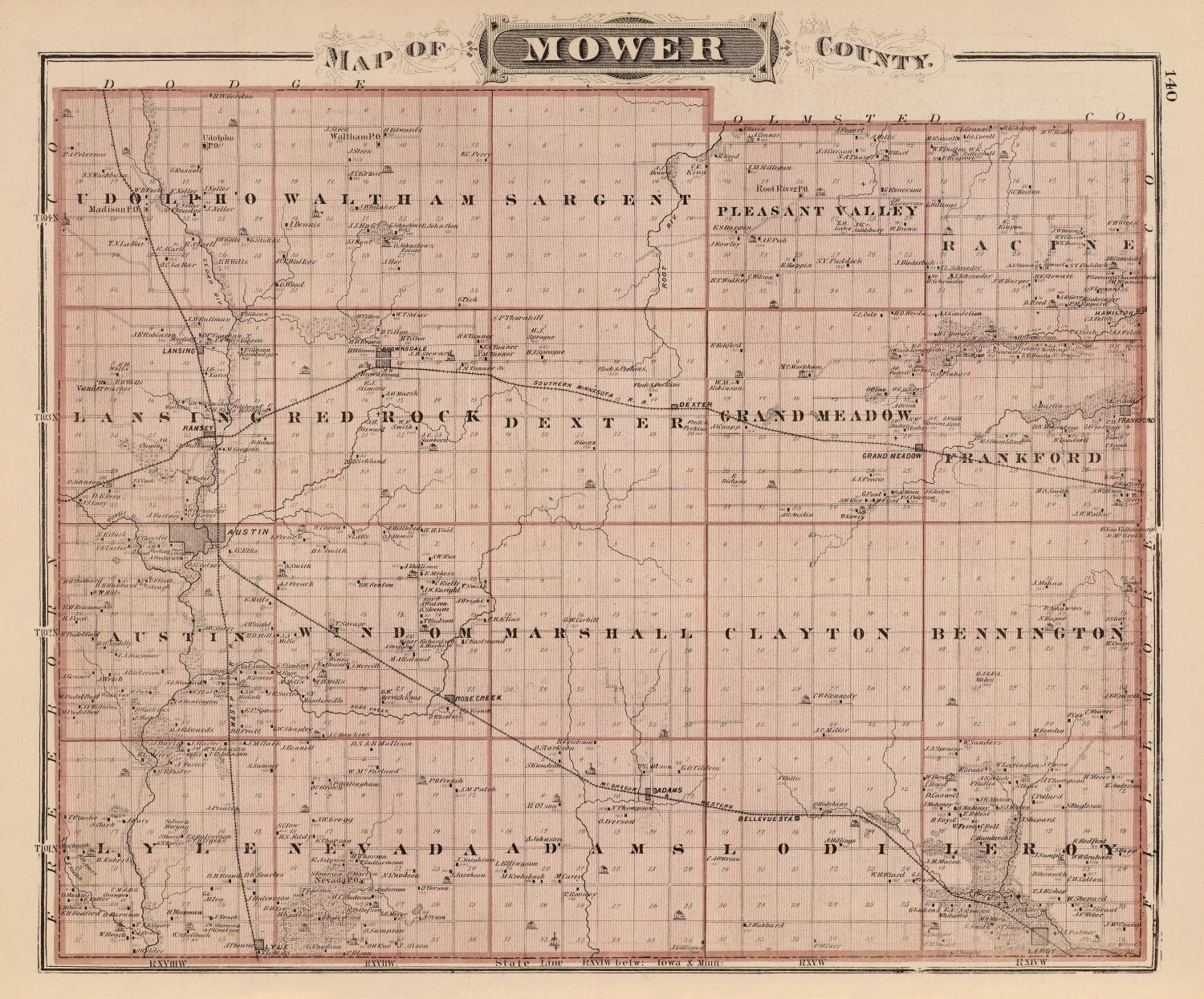Vintage Map of Mower County, Minnesota 1874