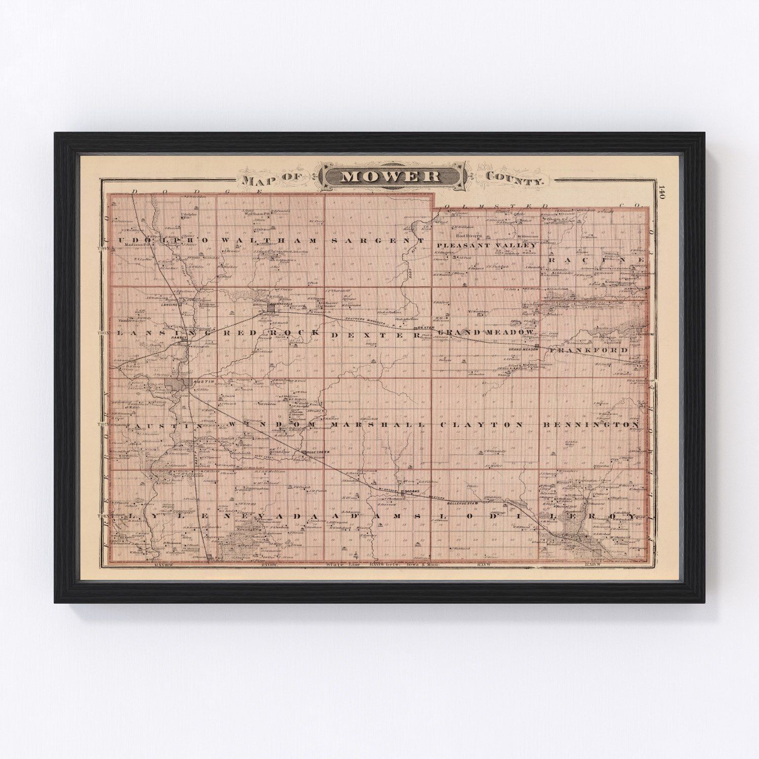 Vintage Map of Mower County, Minnesota 1874