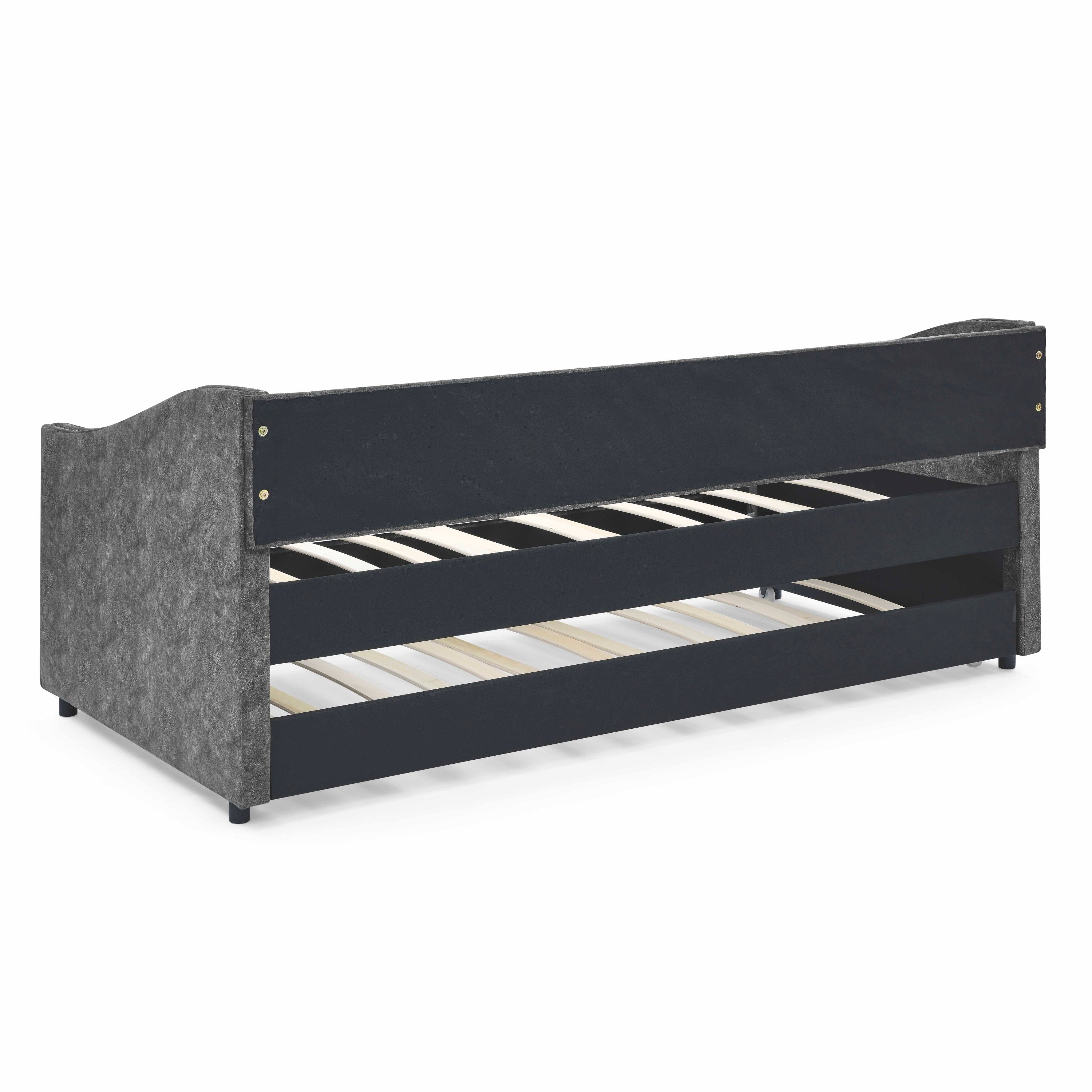Twin Size Daybed with Twin Size Trundle Upholstered Tufted Sofa Bed, with Button on Back and Copper Nail on Waved Shape Arms, Grey (80.5'x41'x30.5')