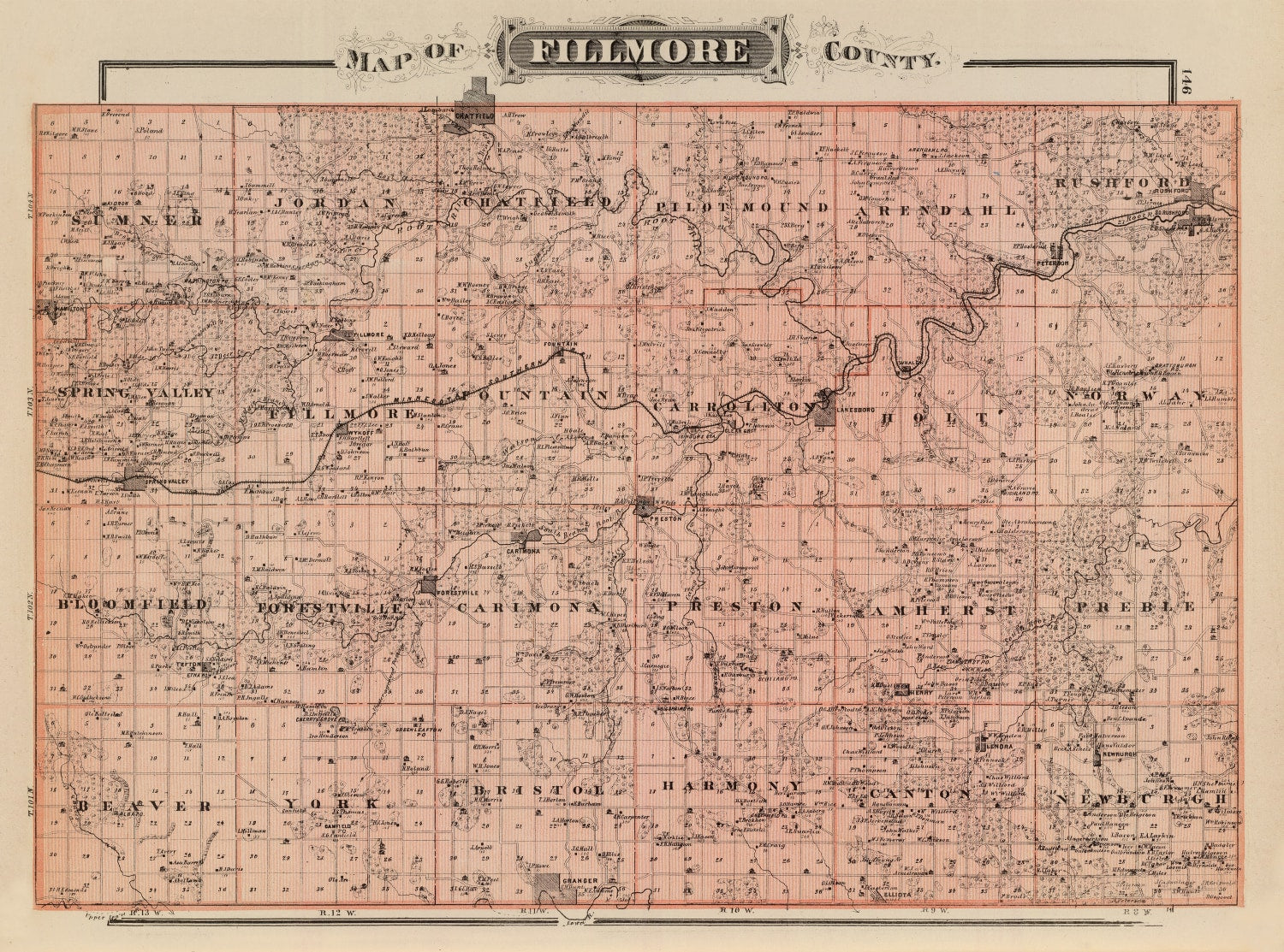Vintage Map of Fillmore County, Minnesota 1874