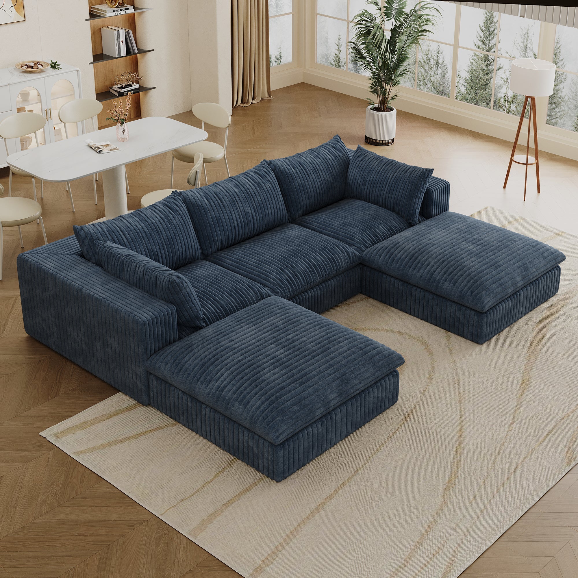118.2' Cloud Sofa,Corduroy Fabric,Deep Seat Couches,Double-layer design,Removable Cushion,No Assembly, DIY Combination for Living room, Bedroom,Conference room ,Apartment,Blue