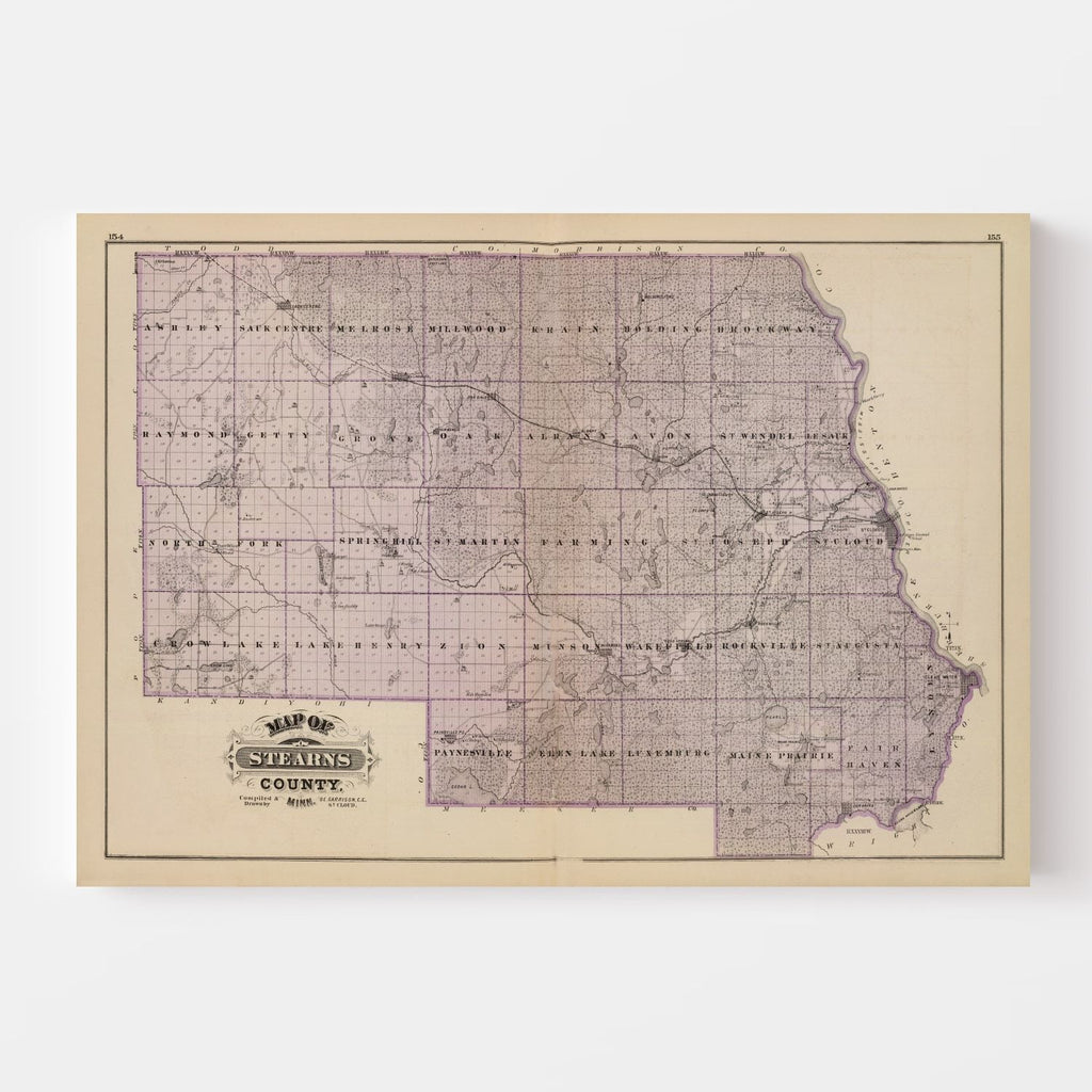 Vintage Map of Stearns County, Minnesota 1874