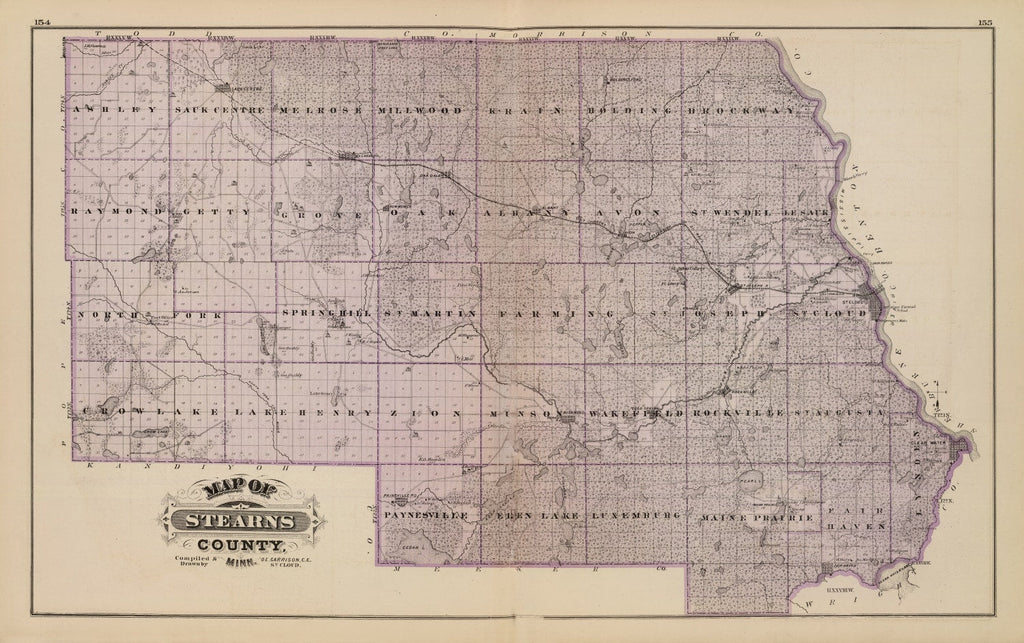 Vintage Map of Stearns County, Minnesota 1874