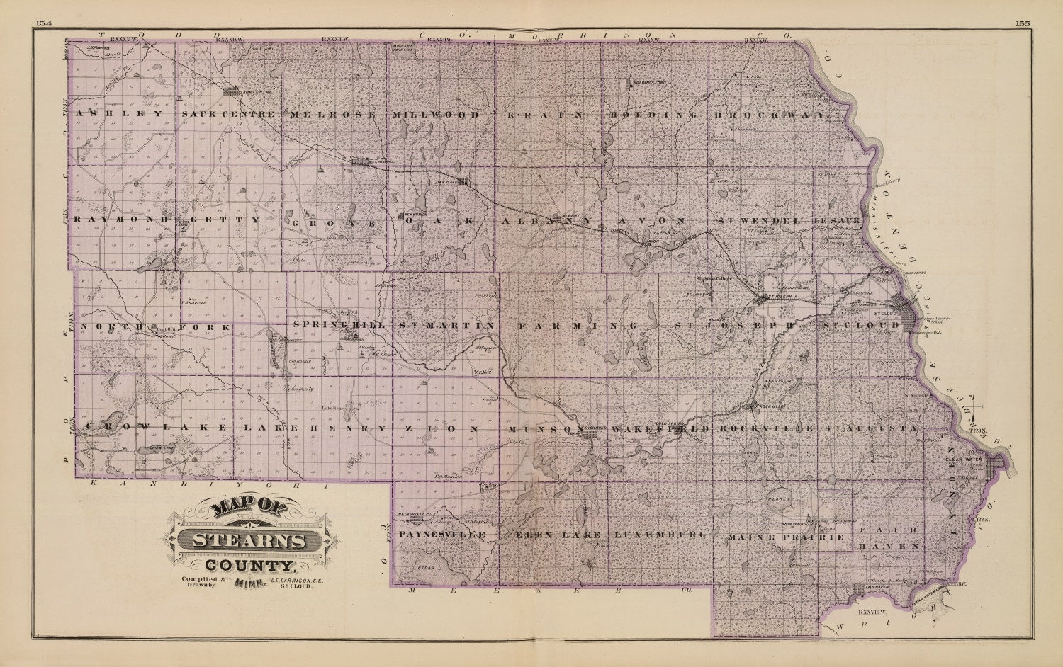 Vintage Map of Stearns County, Minnesota 1874