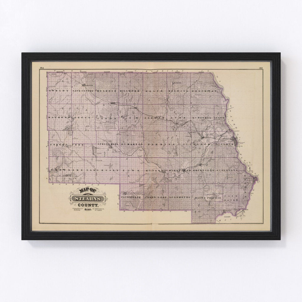 Vintage Map of Stearns County, Minnesota 1874