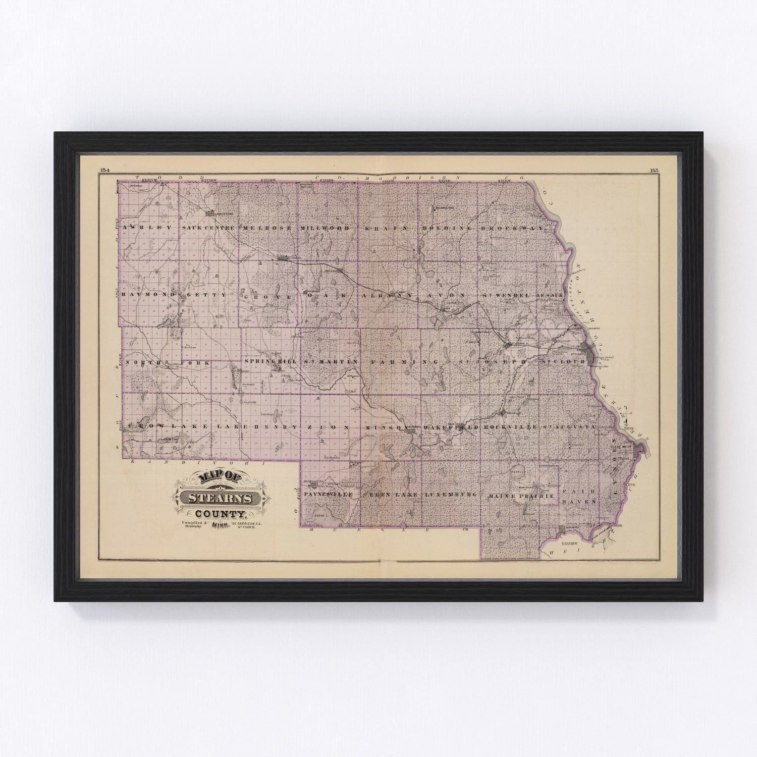 Vintage Map of Stearns County, Minnesota 1874