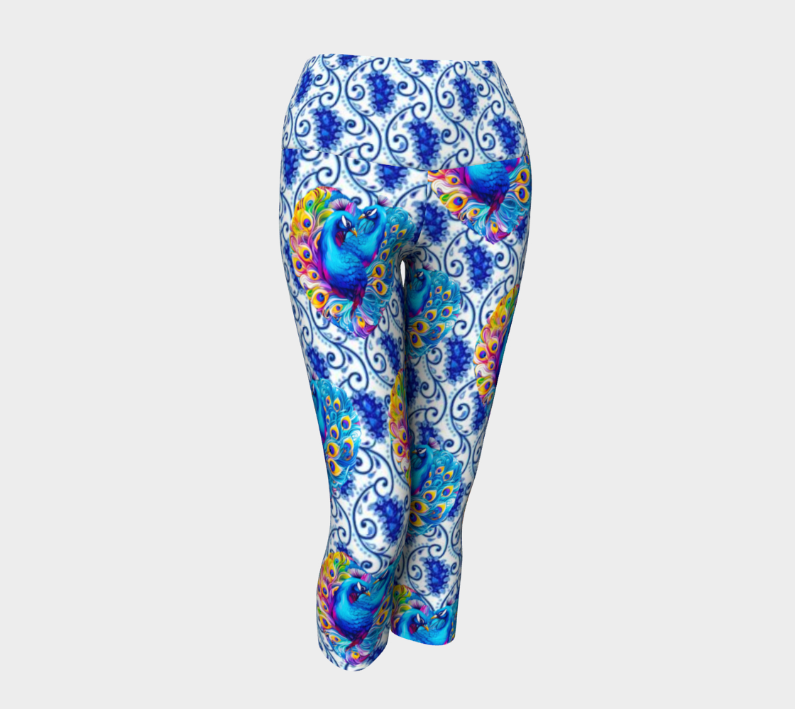 Beautiful Blue Peacocks Yoga Capri Leggings
