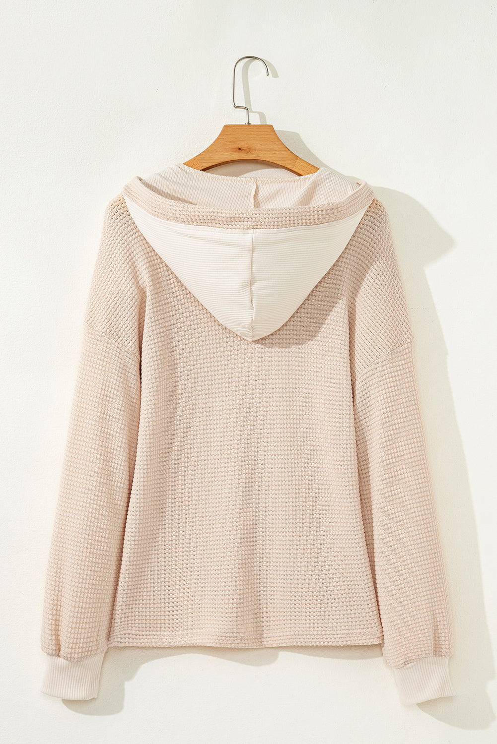 Waffle Patchwork Drop Shoulder Long Sleeve Hooded Top