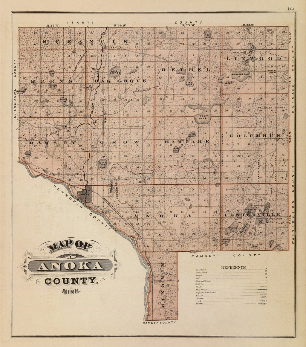 Vintage Map of Anoka County, Minnesota 1874