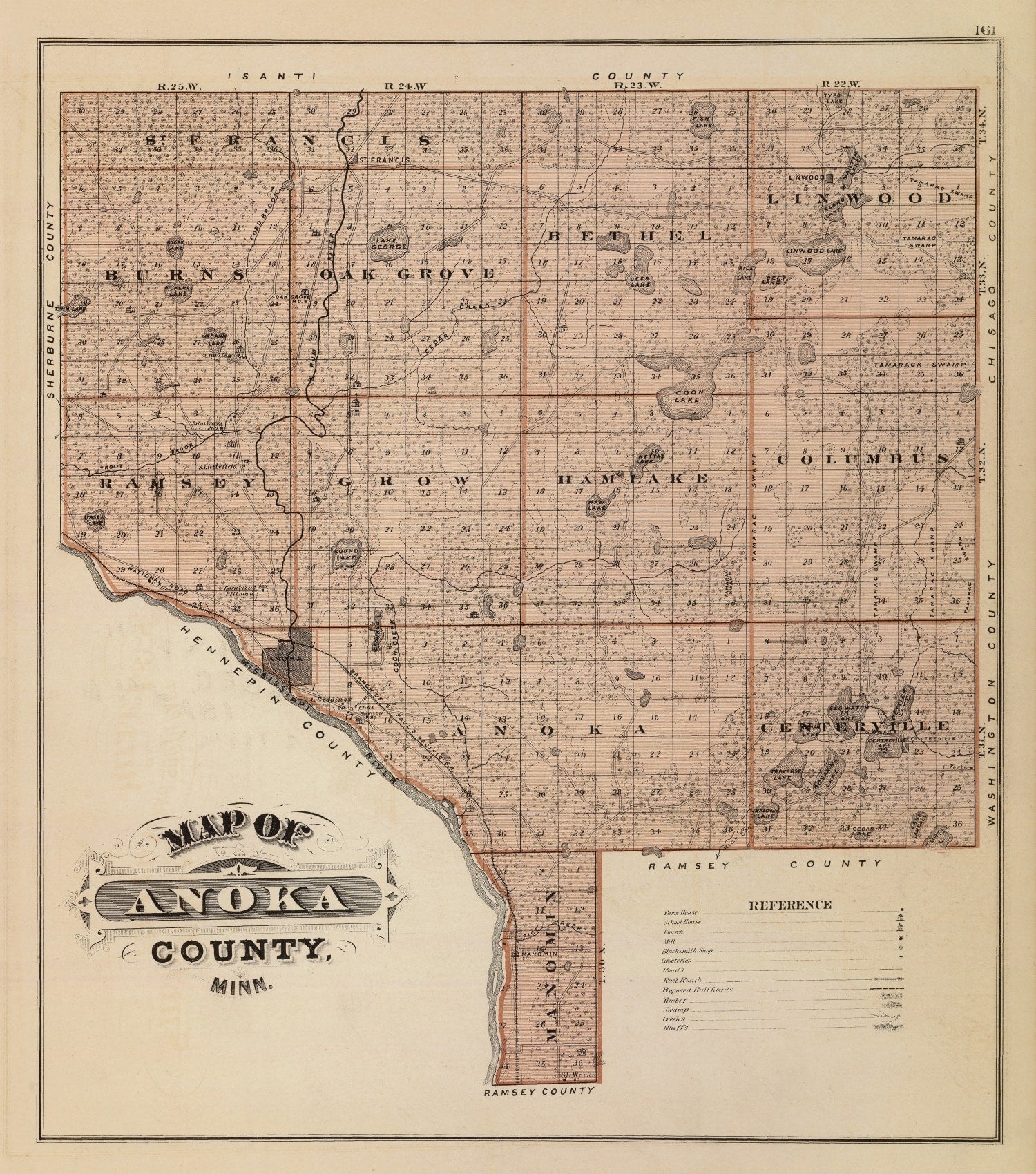 Vintage Map of Anoka County, Minnesota 1874