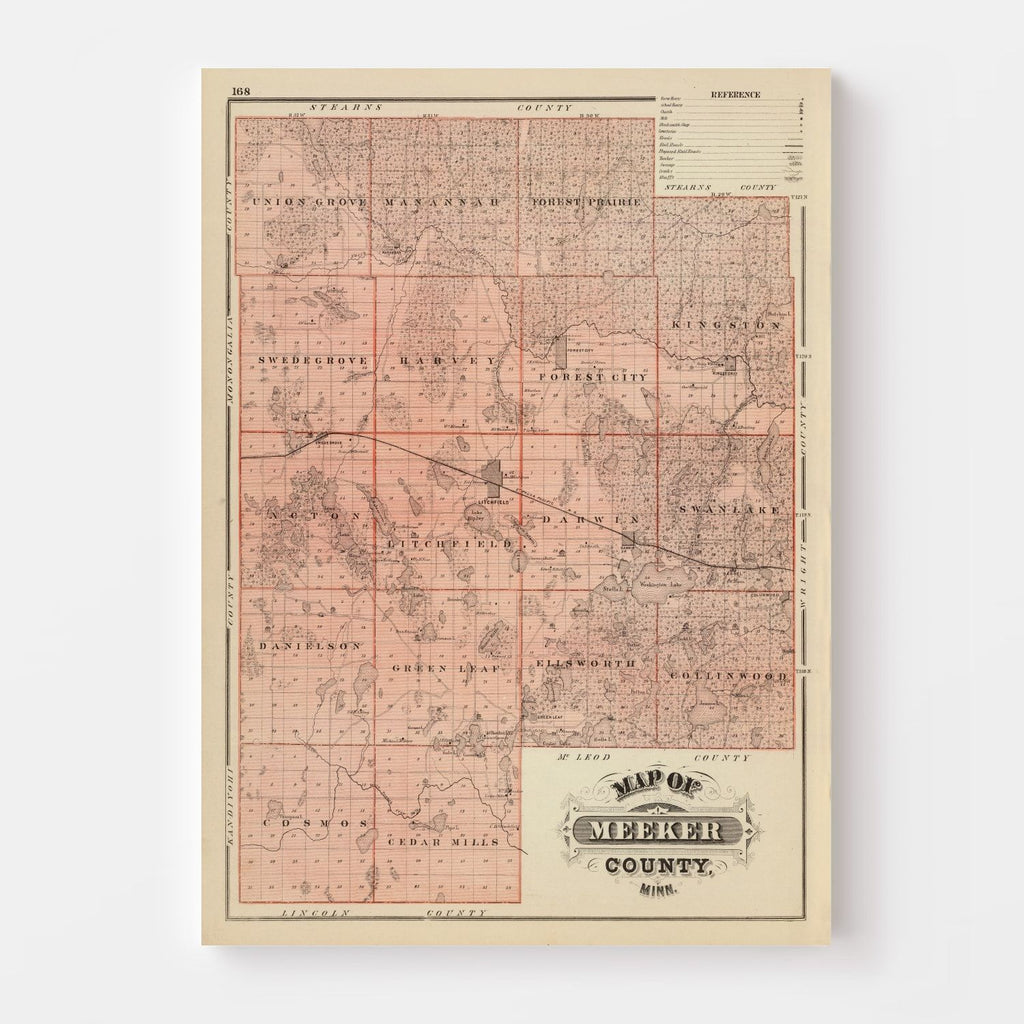 Vintage Map of Meeker County, Minnesota 1874