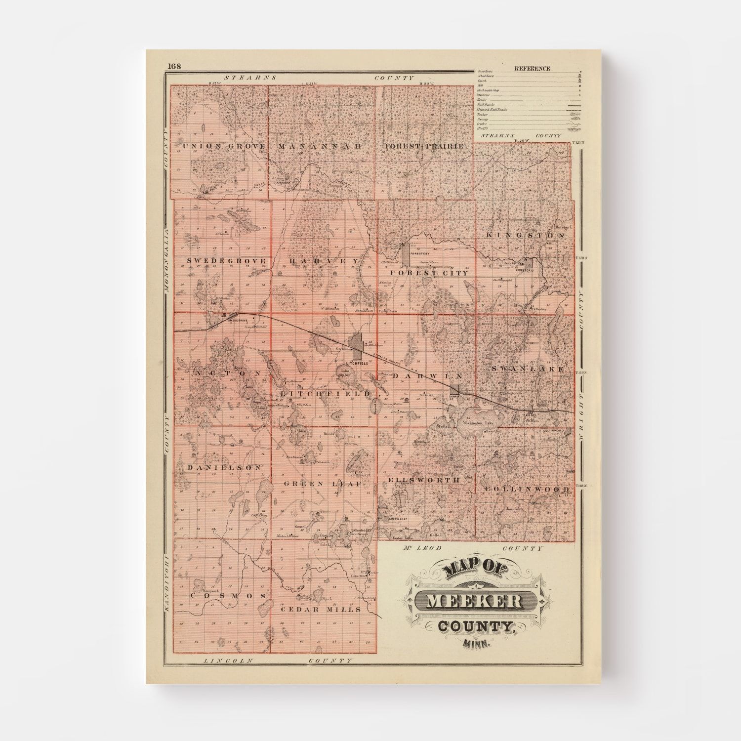 Vintage Map of Meeker County, Minnesota 1874