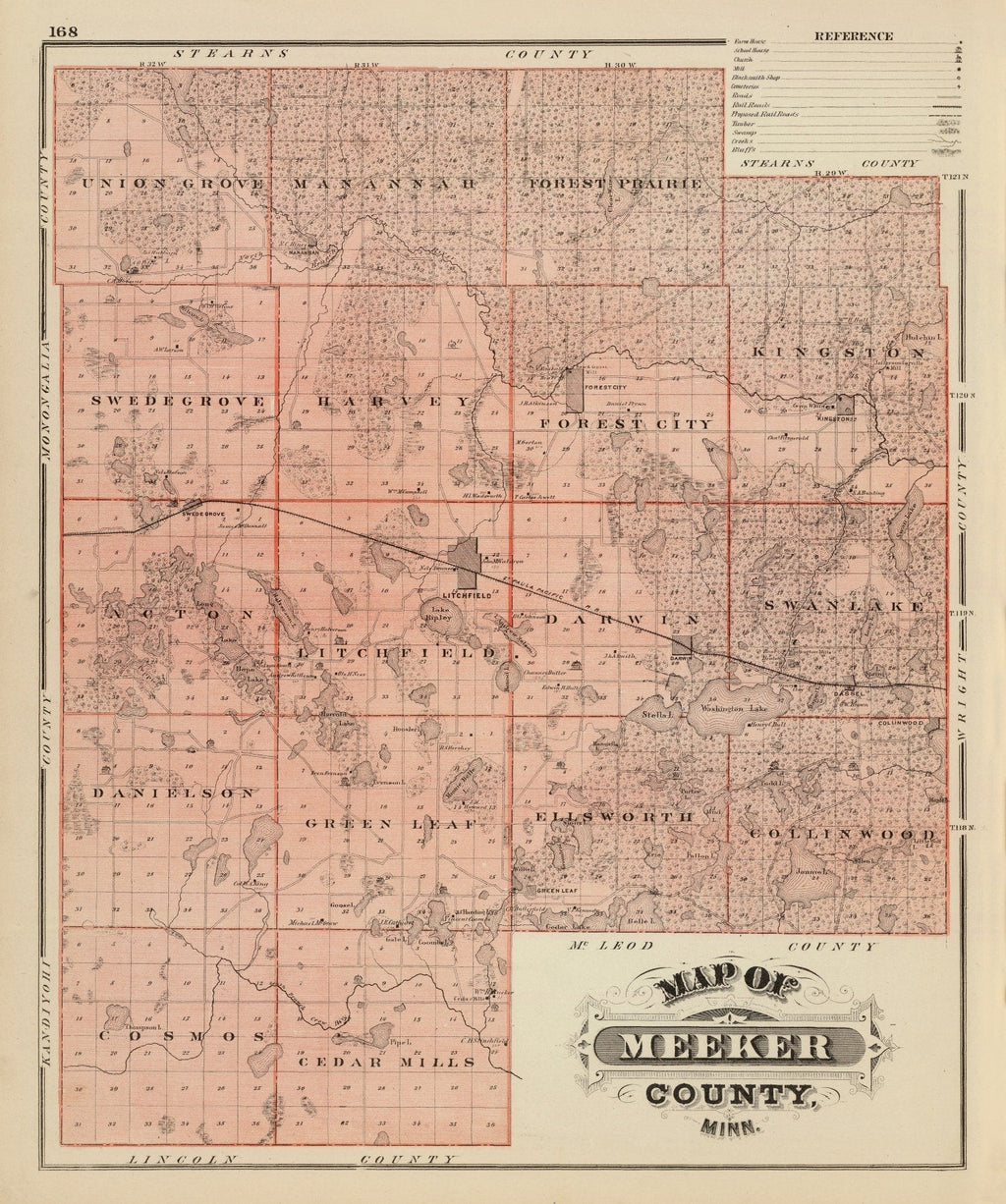Vintage Map of Meeker County, Minnesota 1874