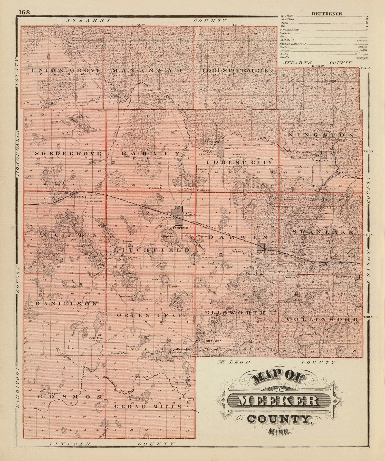 Vintage Map of Meeker County, Minnesota 1874
