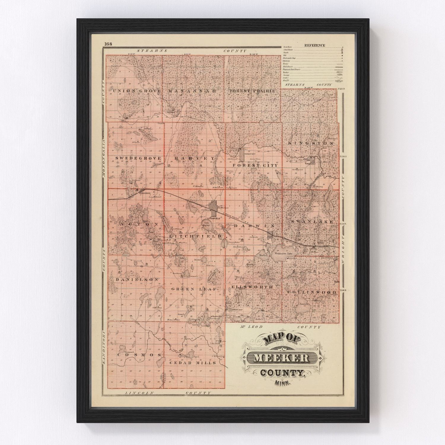 Vintage Map of Meeker County, Minnesota 1874