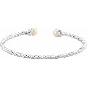 14K White Gold Cultured White Freshwater Pearl & 1/10 CTW Natural Diamond Cuff 7" Bracelet – image 2