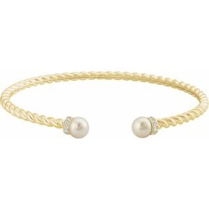 14K Yellow Gold Cultured White Freshwater Pearl & 1/10 CTW Natural Diamond Cuff 7" Bracelet