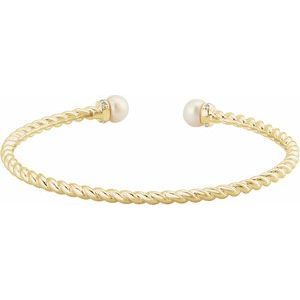 14K Yellow Gold Cultured White Freshwater Pearl & 1/10 CTW Natural Diamond Cuff 7" Bracelet – image 2