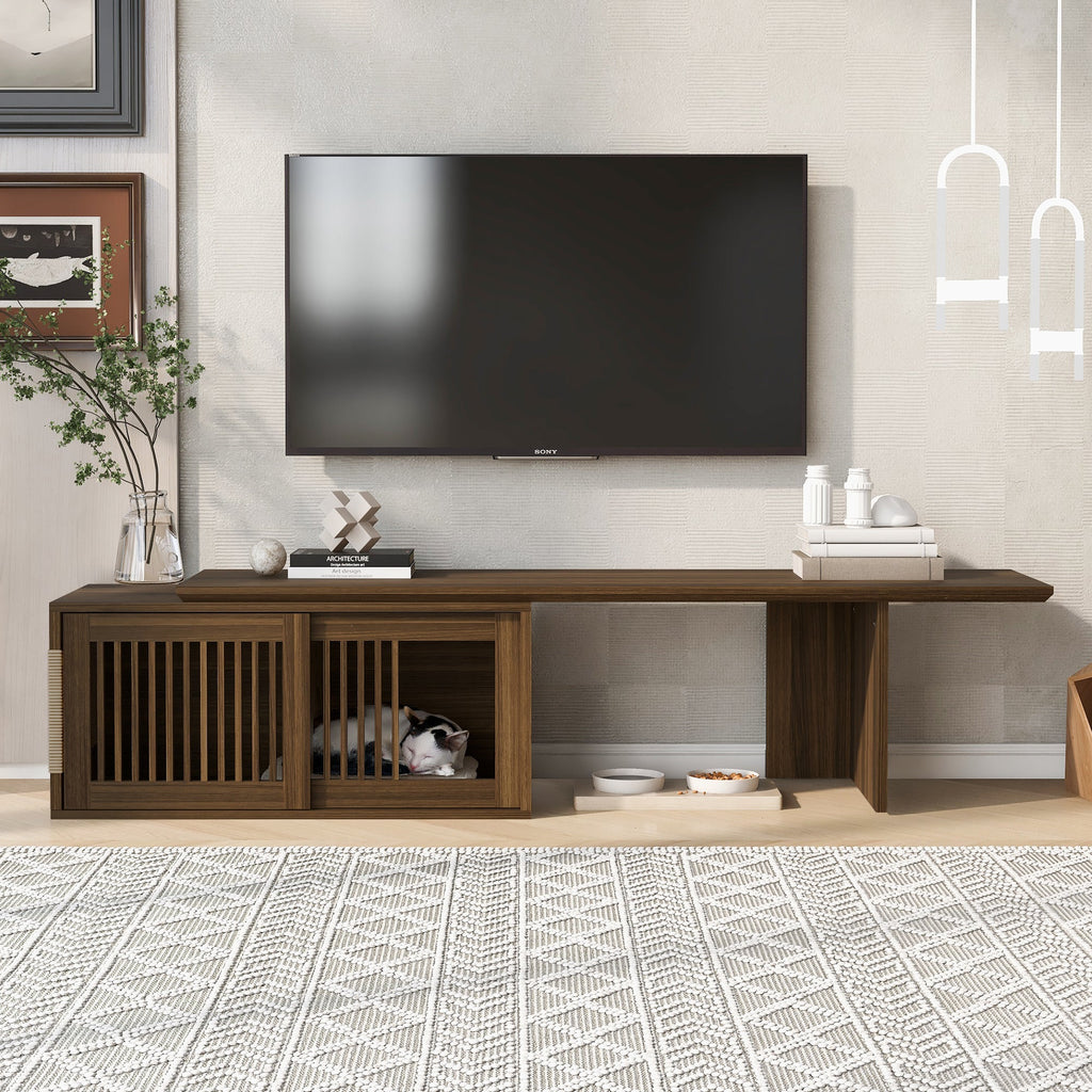 Mid-Century Modern 2 in 1 Cat Furniture Walnut TV Stand With Extendable table,  Litter Box Enclosure with Cat Scratcher