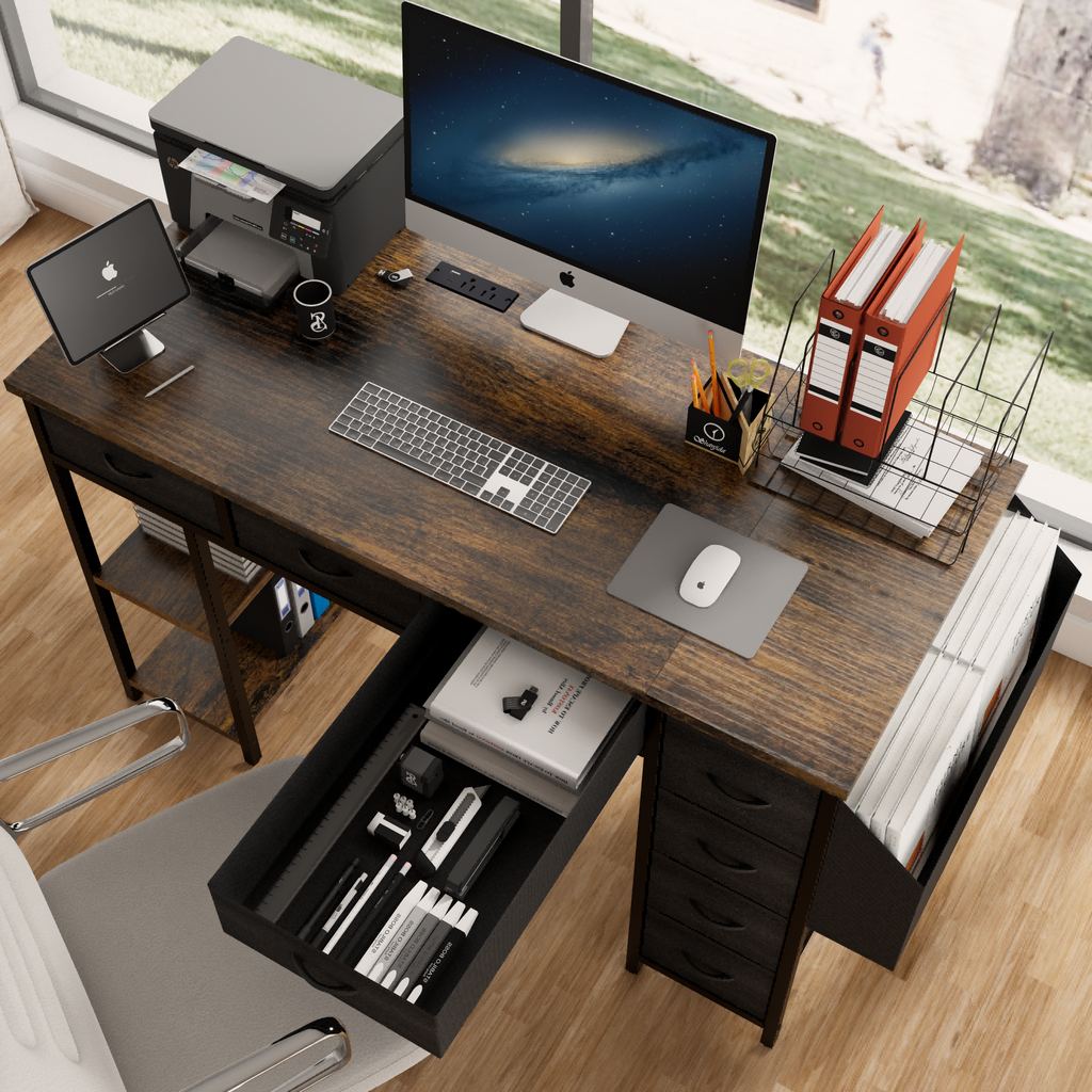 47' Computer Desk With Power Outlet,Writing Desk with 7 Fabric Drawers,Vanity table Drawers and Large Side Pocket,Rustic Brown