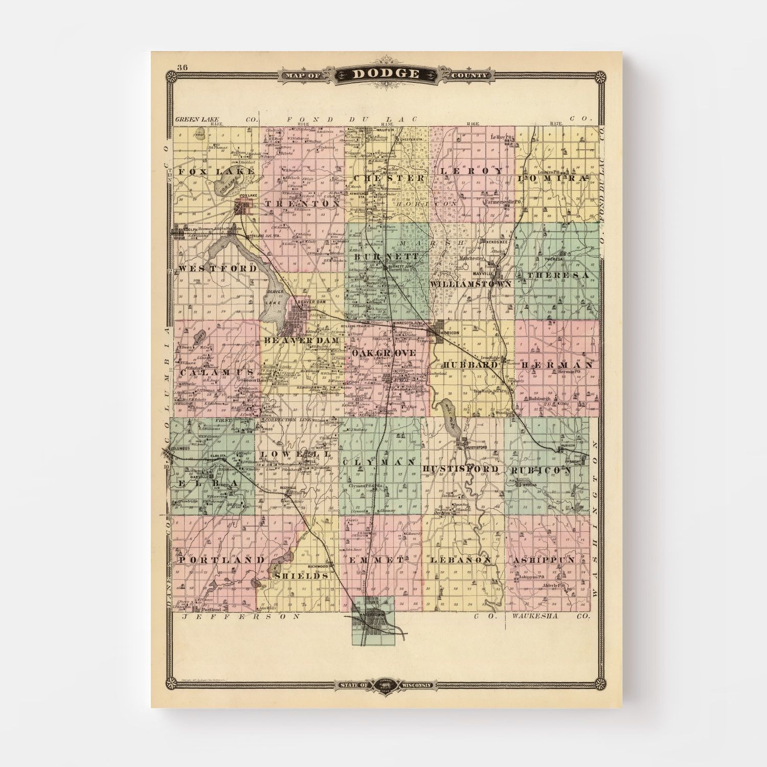 Vintage Map of Dodge County, Wisconsin 1878