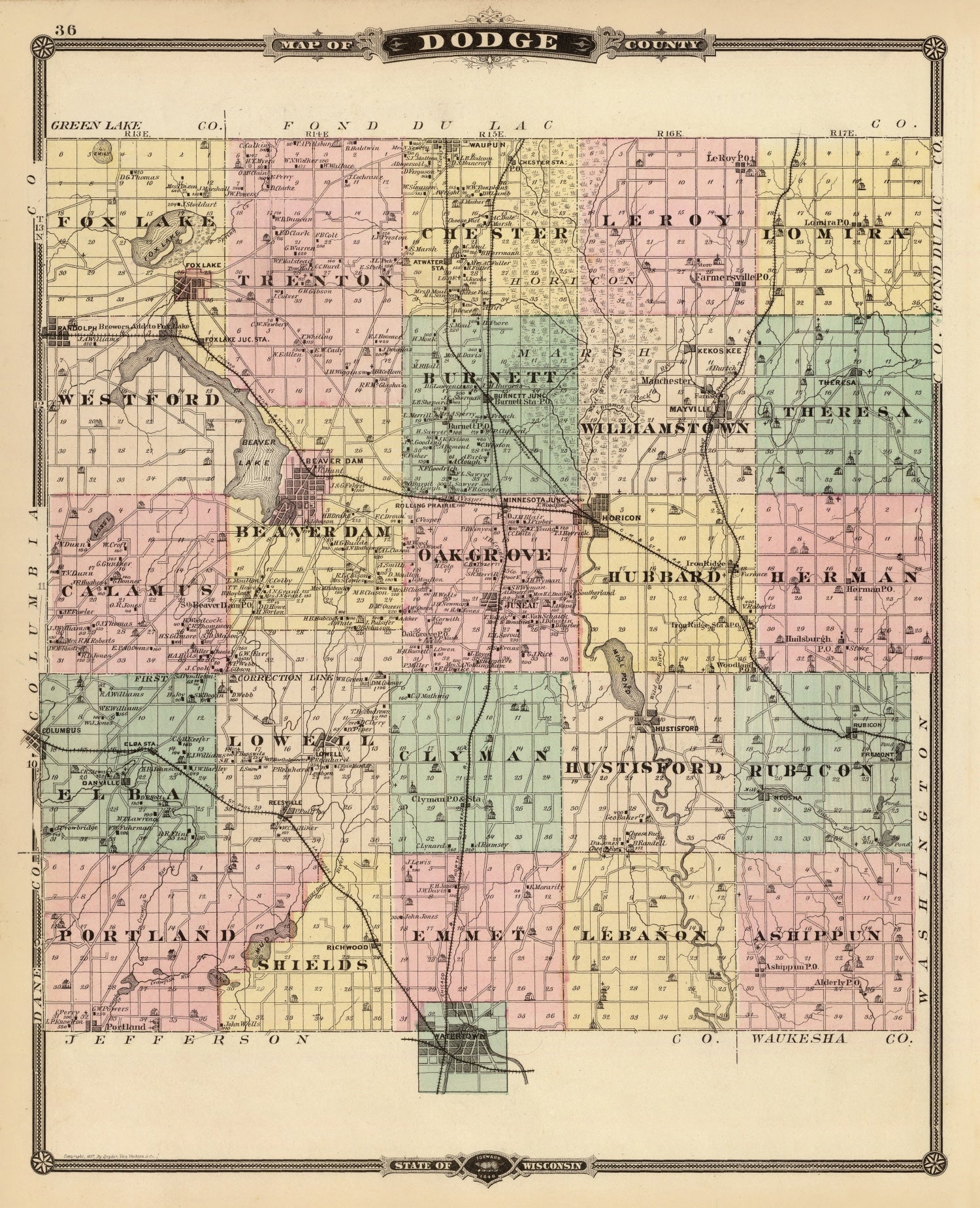 Vintage Map of Dodge County, Wisconsin 1878