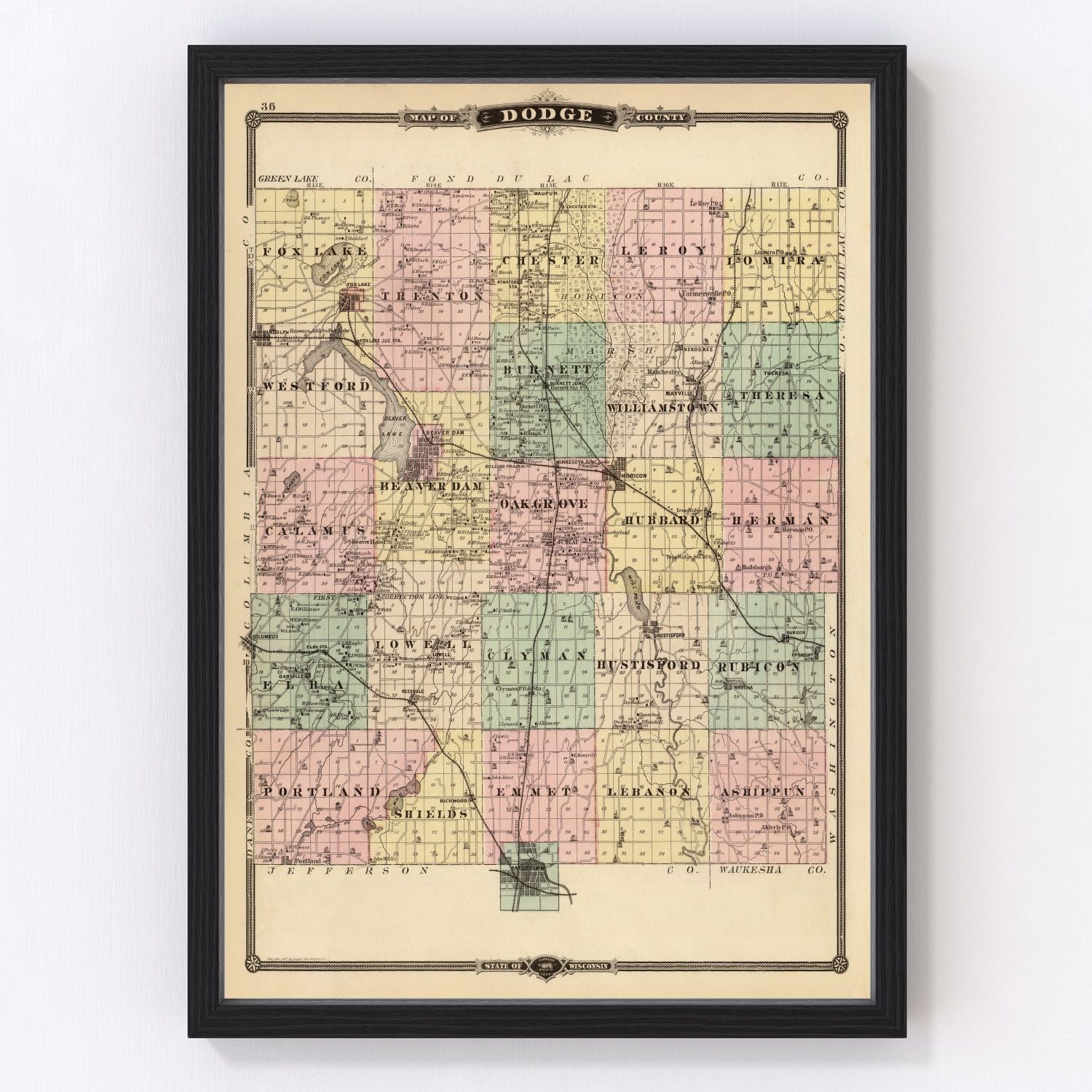 Vintage Map of Dodge County, Wisconsin 1878