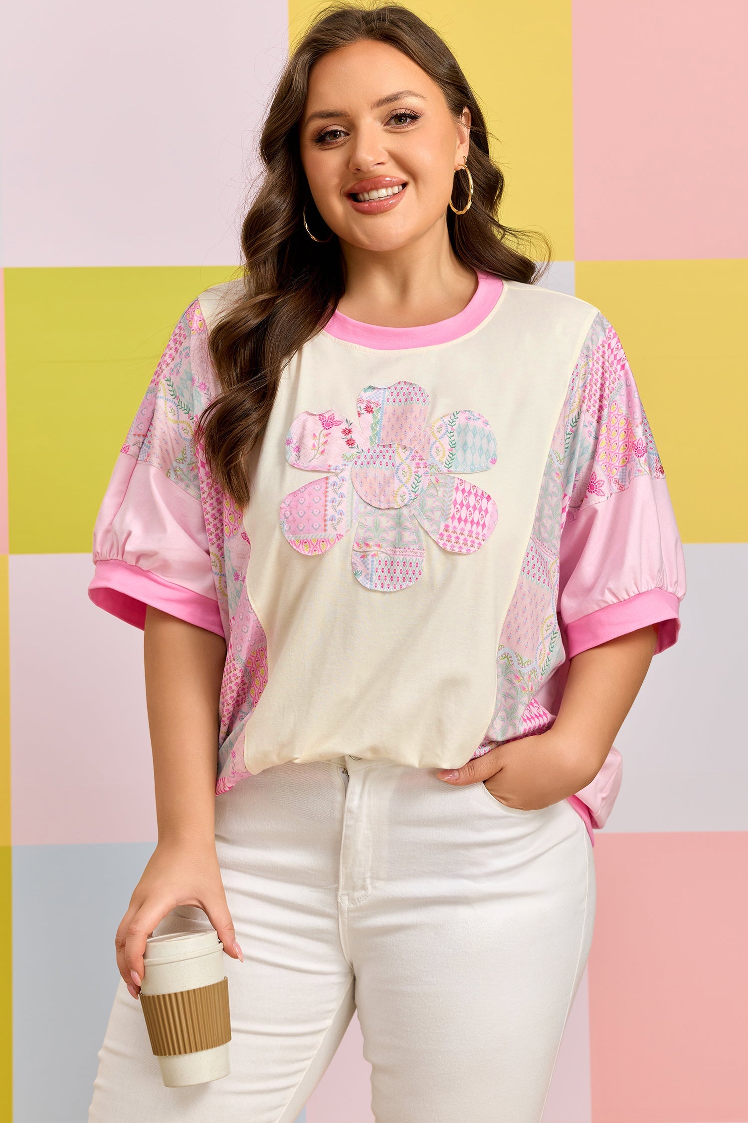 Plus Size Floral Patchwork Embroidered T-Shirt