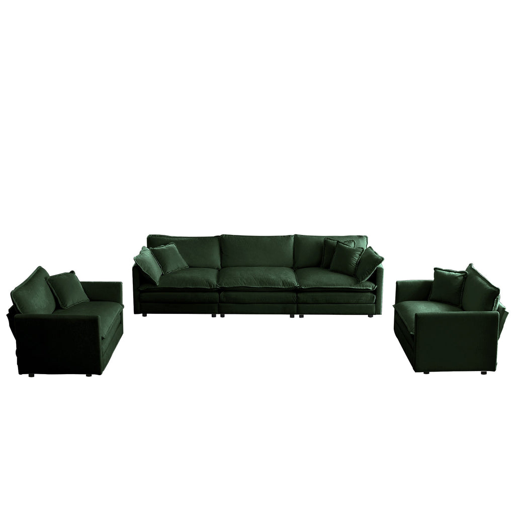 Sofa Set of 3, 1+1+3 Seats Living Room Sofa Set, Accent Chair, Loveseat, and Three-Seat Sofa Modern Style Round Arms 3 Piece Sofa Set, Green Chenille