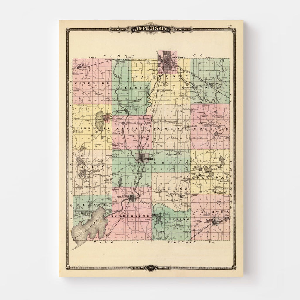 Vintage Map of Jefferson County, Wisconsin 1878