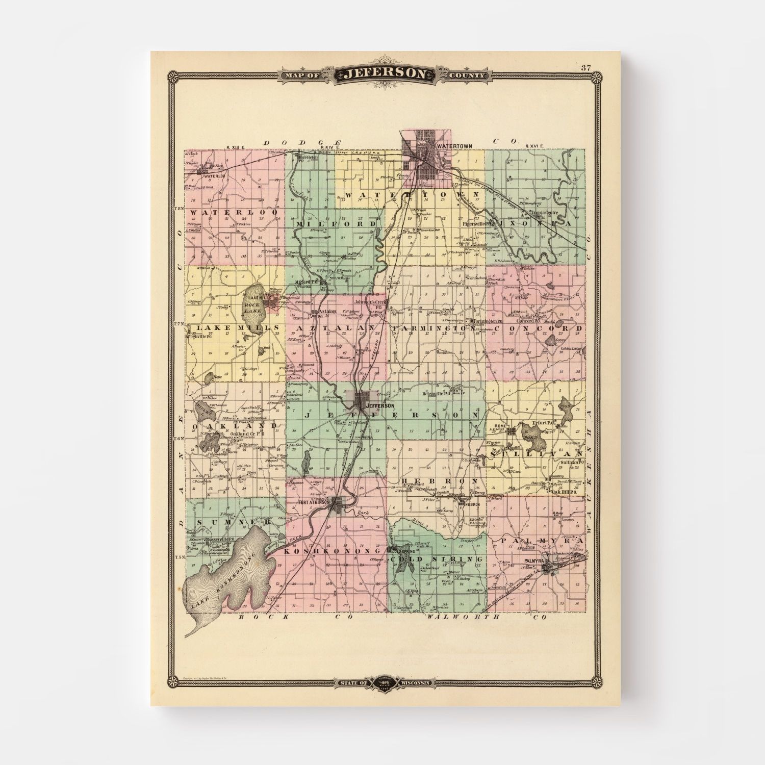 Vintage Map of Jefferson County, Wisconsin 1878