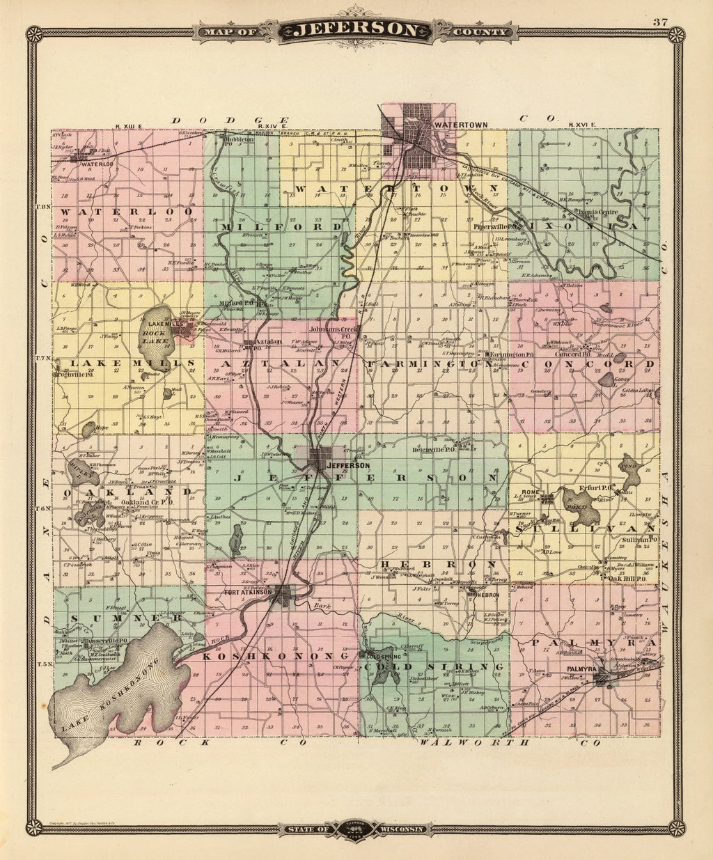 Vintage Map of Jefferson County, Wisconsin 1878