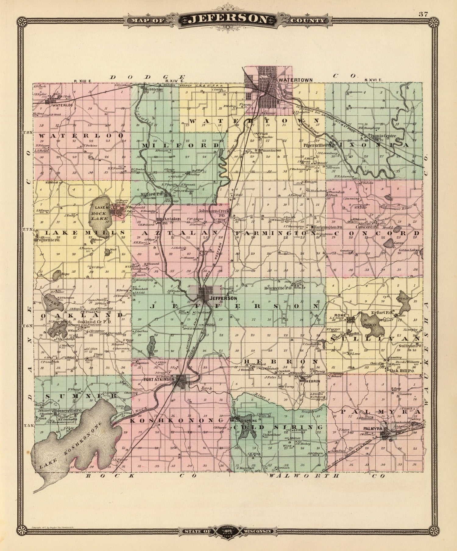 Vintage Map of Jefferson County, Wisconsin 1878