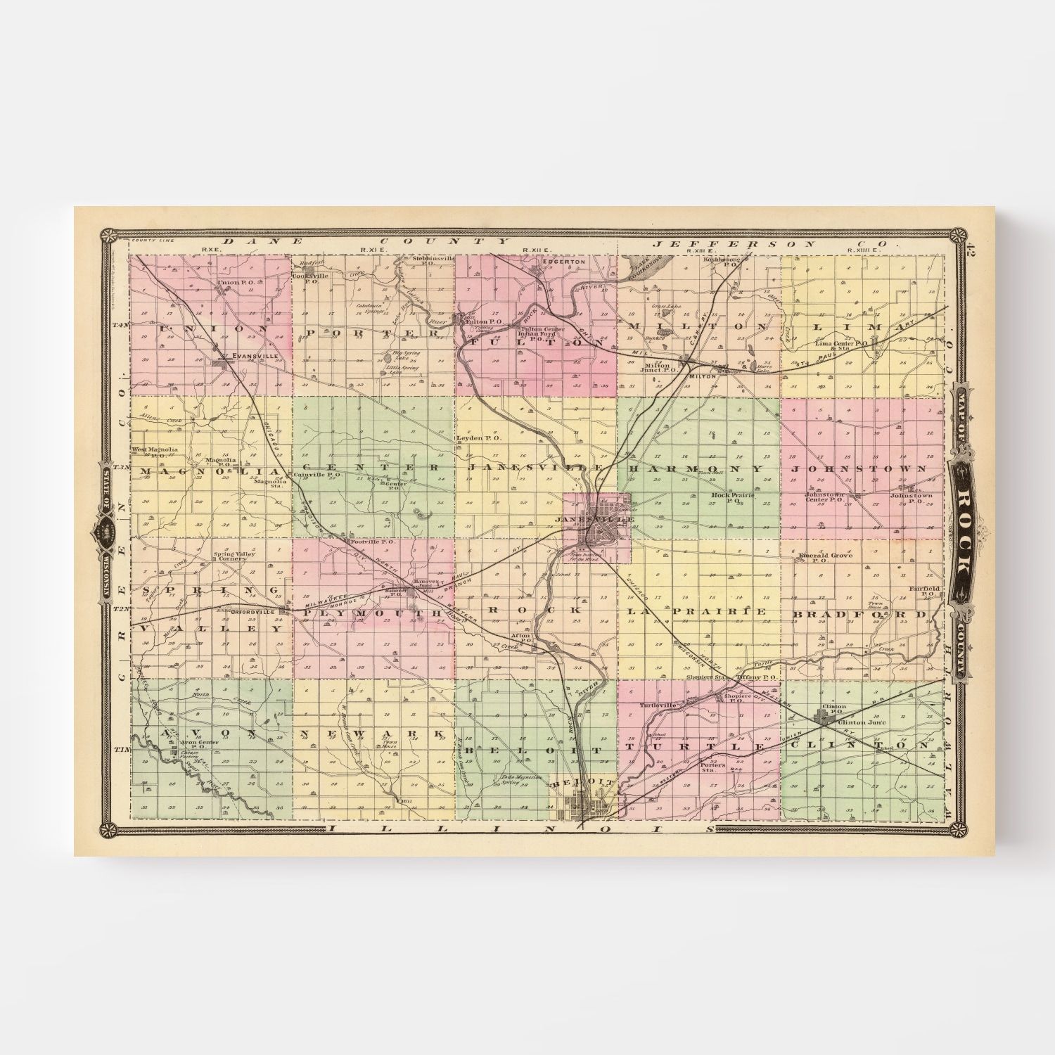 Vintage Map of Rock County, Wisconsin 1878