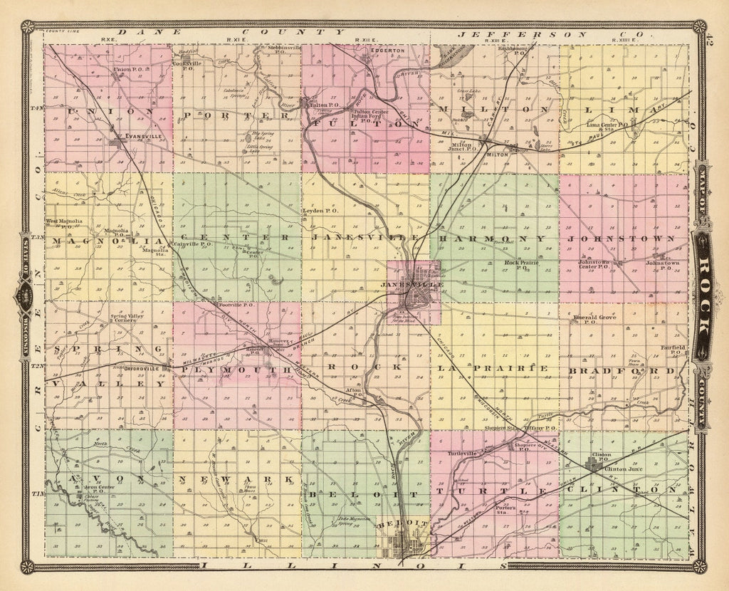 Vintage Map of Rock County, Wisconsin 1878