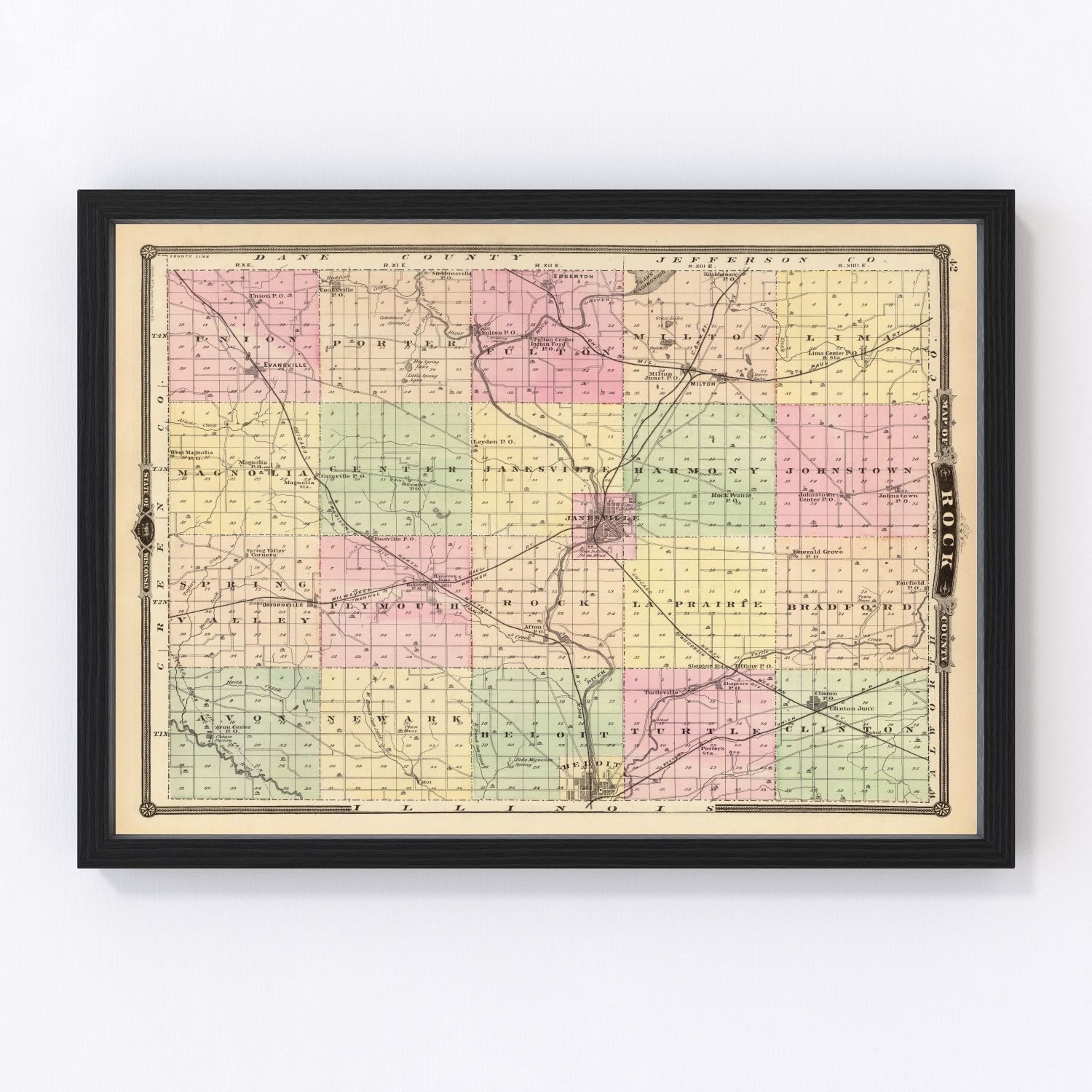 Vintage Map of Rock County, Wisconsin 1878