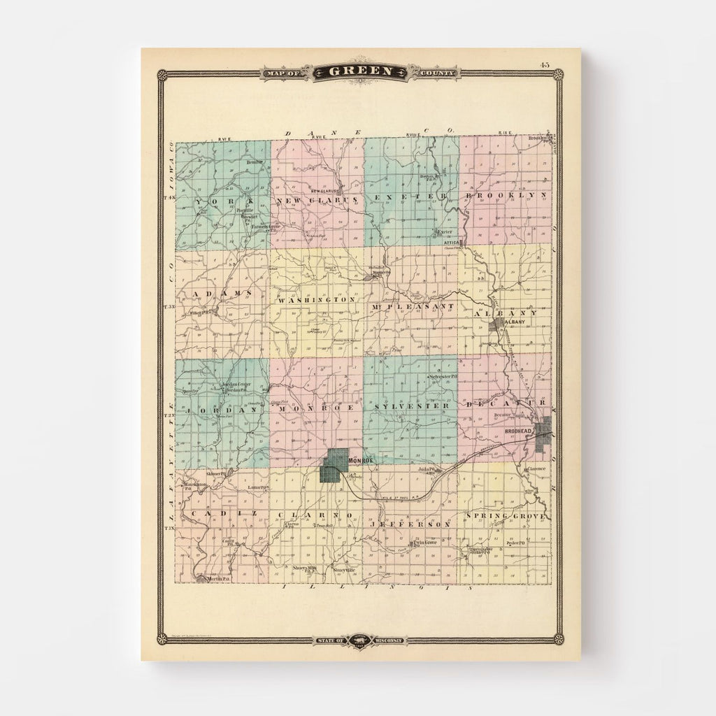 Vintage Map of Green County, Wisconsin 1878