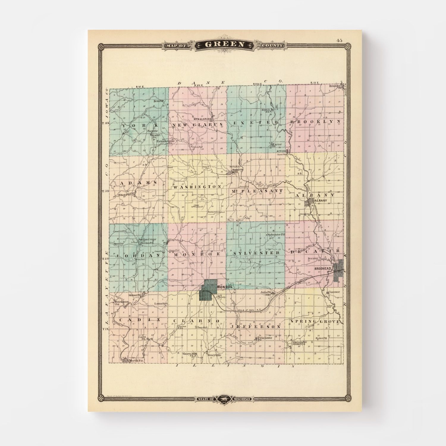 Vintage Map of Green County, Wisconsin 1878